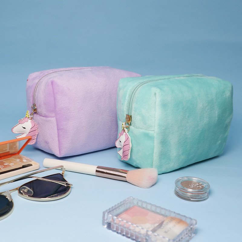 High Quality Custom Logo Square Plush Makeup Bag With Personalized Zip Puller , Velvet Cosmetic Bag Small Travel Makeup Pouch*