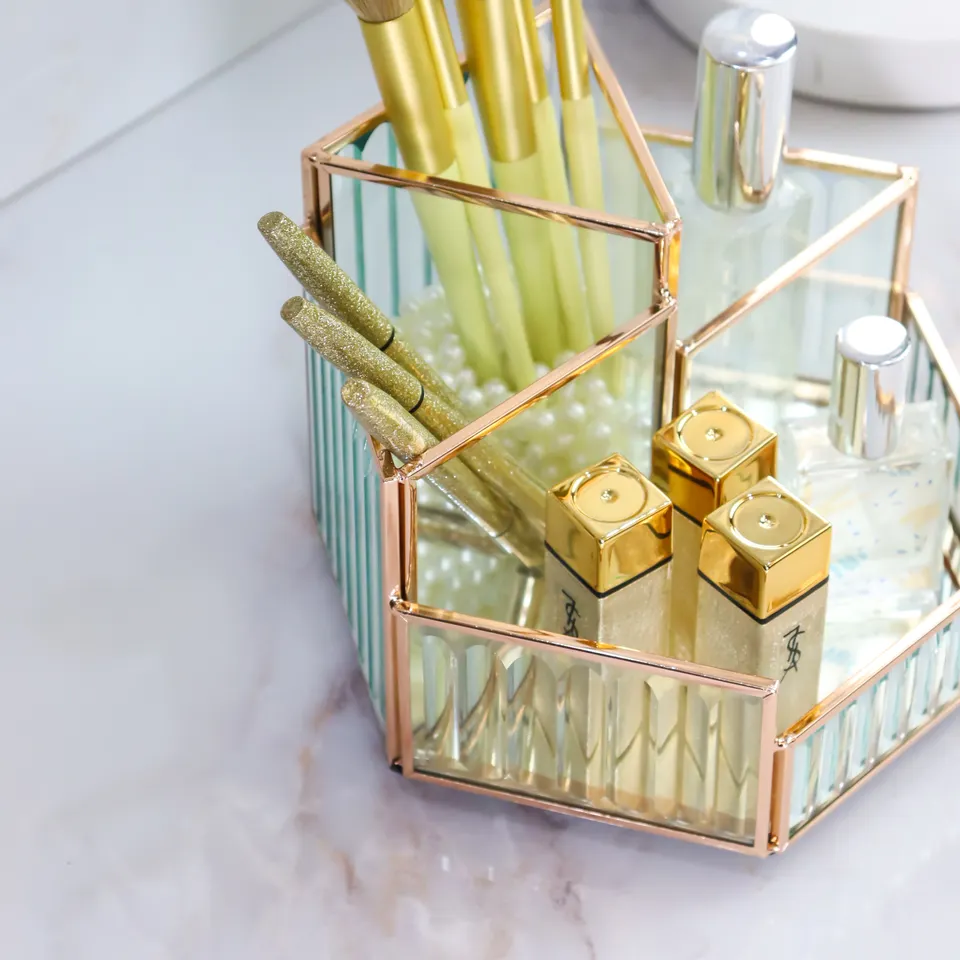 Hot Sale Vintage Golden Rotating Makeup Organizer Spinning Cosmetic Storage Box