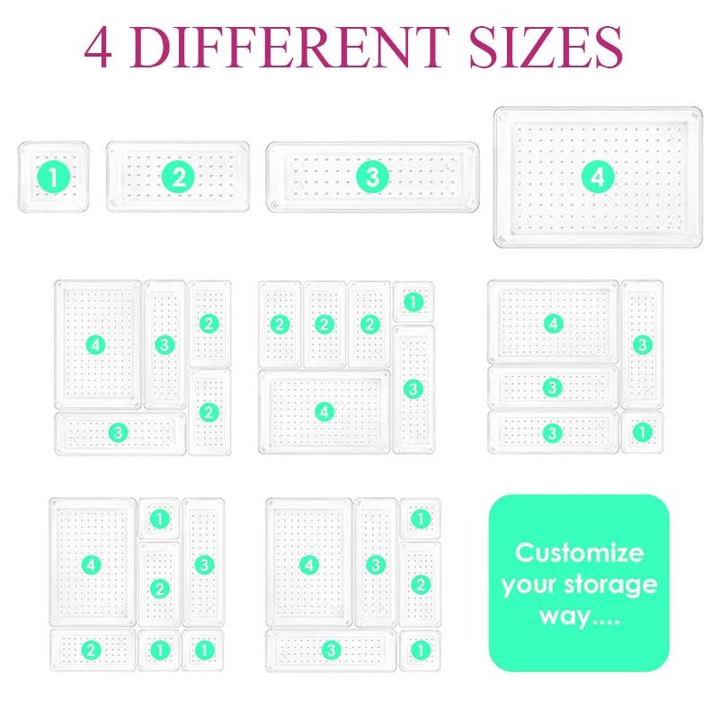 Clear Plastic Versatile 4-Size Drawer Organizers Set Injection Technics for Living Room Bathroom and Vanity Storage