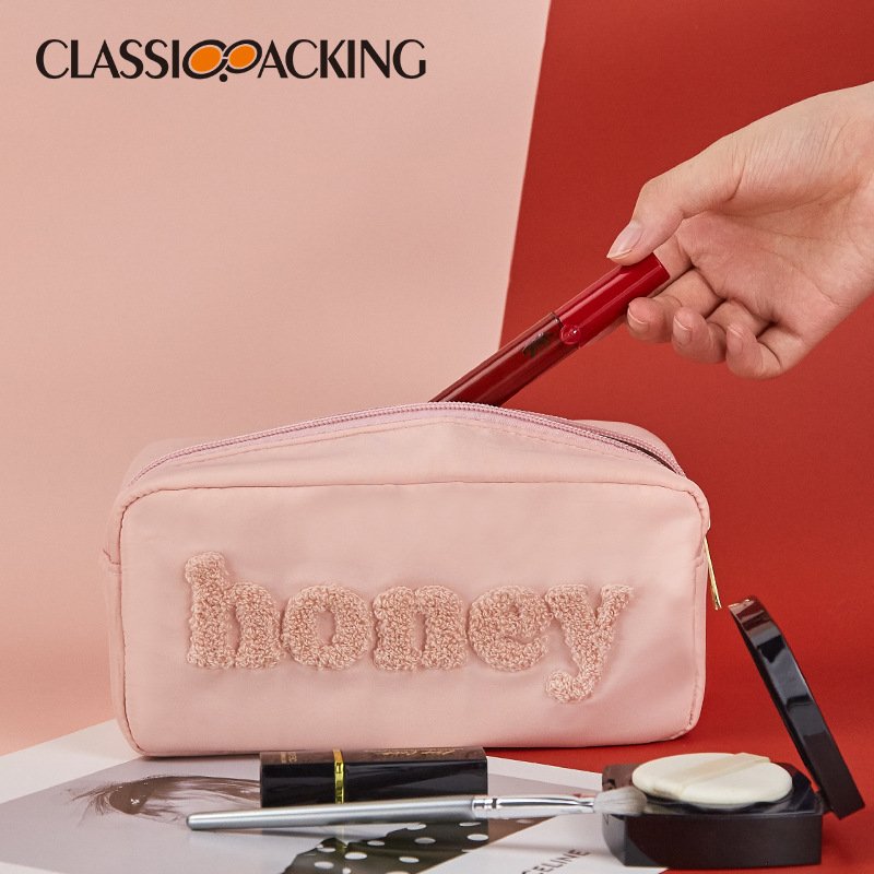 Fashion Pink Towel Embroidered Letter Toiletry Make Up Organizer Makeup Bags Waterproof Large Capacity Travel Cosmetic Bag