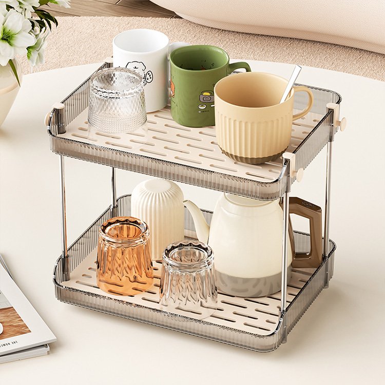 Household plastic clear white 2-tier tea tray drain water coffee cup holder storage rack with hooks