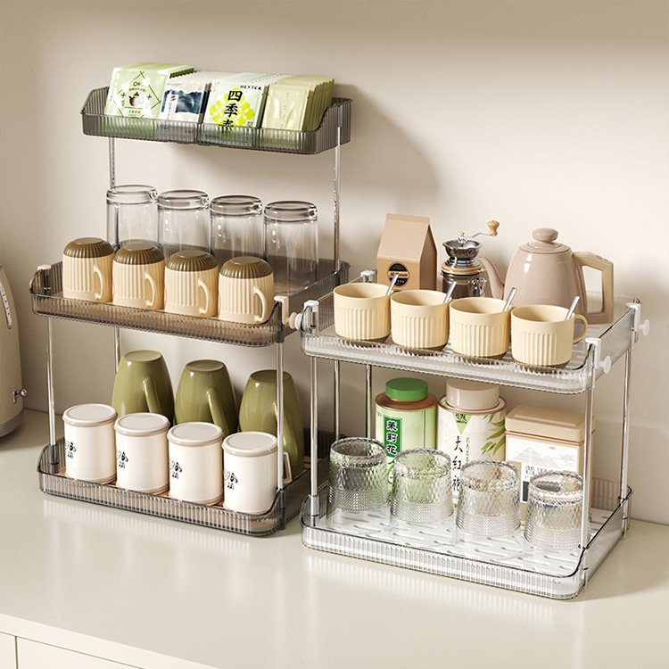 Household plastic clear white 2-tier tea tray drain water coffee cup holder storage rack with hooks