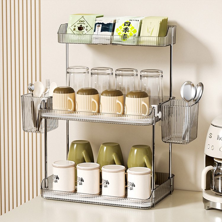 Household plastic clear white 2-tier tea tray drain water coffee cup holder storage rack with hooks