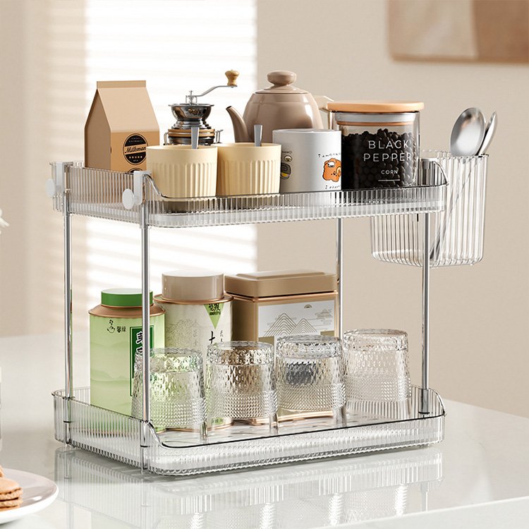 Household plastic clear white 2-tier tea tray drain water coffee cup holder storage rack with hooks