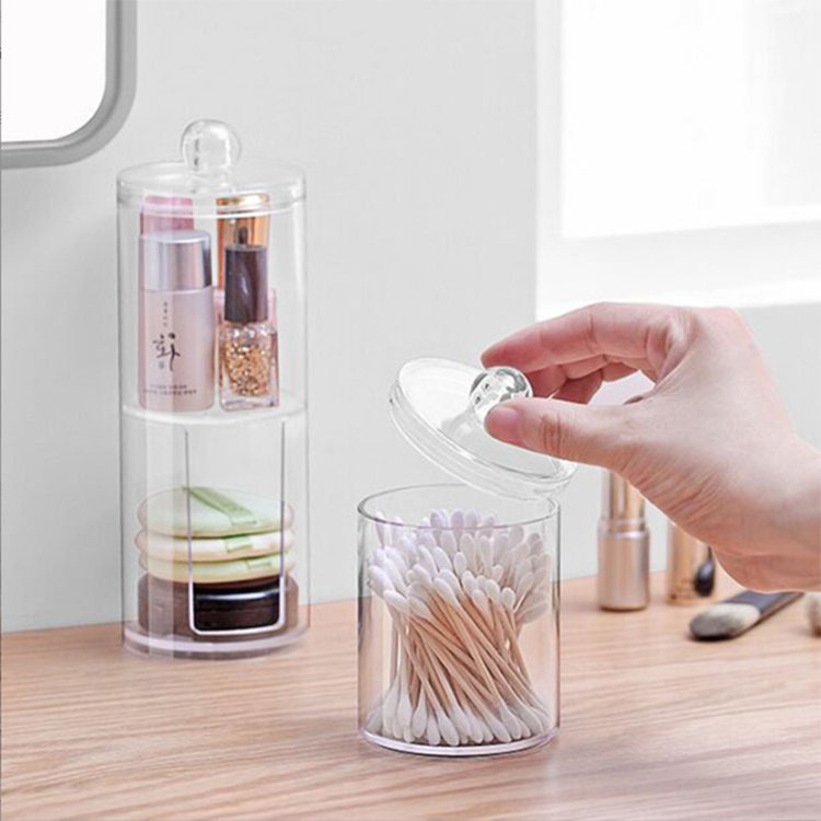 Clear acrylic double-cylinder Stackable cotton ball pads swabs cosmetics organizer storage holder makeup box with lid
