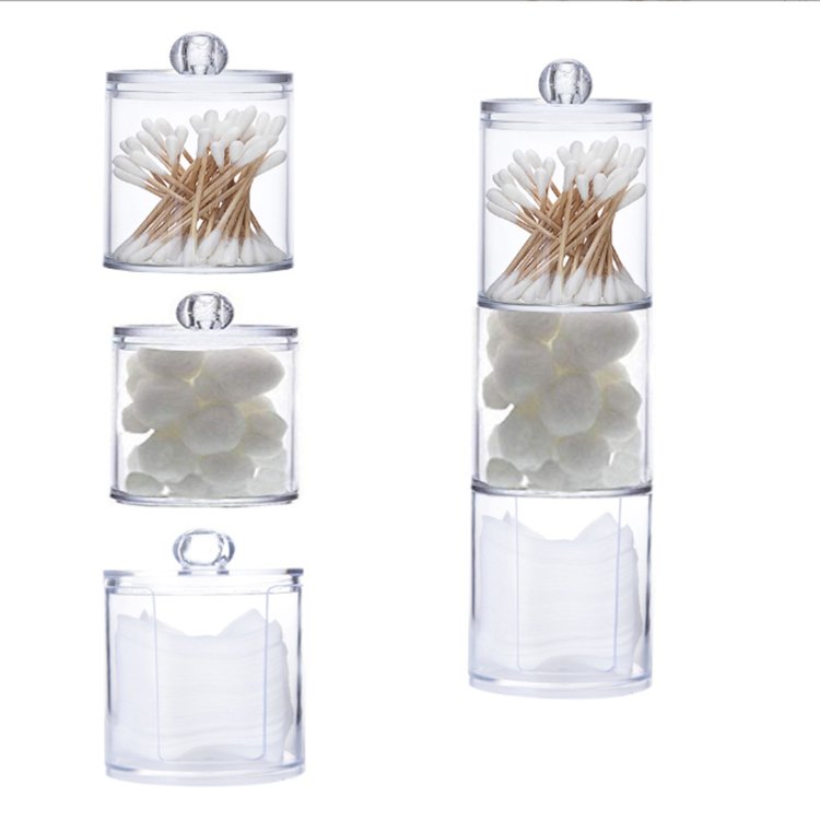 Clear acrylic double-cylinder Stackable cotton ball pads swabs cosmetics organizer storage holder makeup box with lid