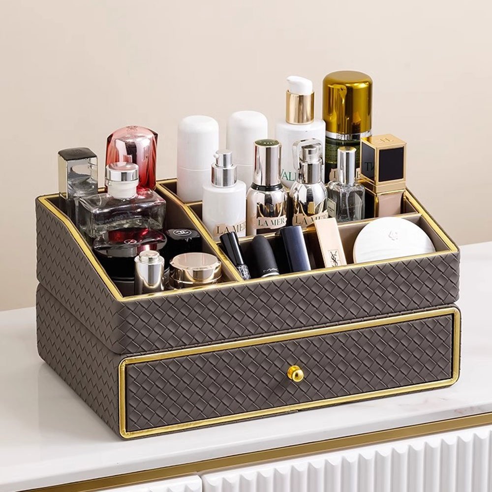 Luxurious Assembly Makeup Cosmetic Divided Storage Box Organizer with Drawer Leather Makeup Organiser For Dressing Table