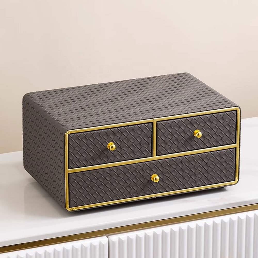 Luxurious Assembly Makeup Cosmetic Divided Storage Box Organizer with Drawer Leather Makeup Organiser For Dressing Table