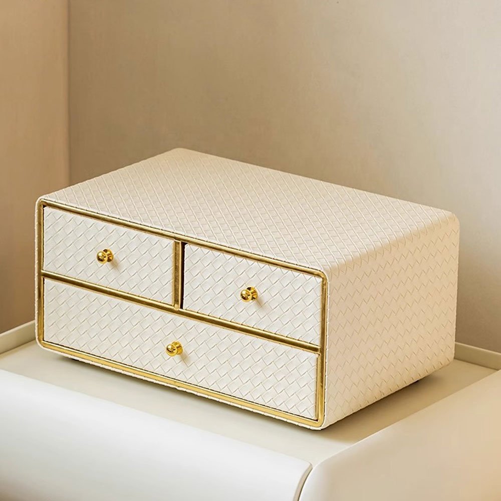 Luxurious Assembly Makeup Cosmetic Divided Storage Box Organizer with Drawer Leather Makeup Organiser For Dressing Table
