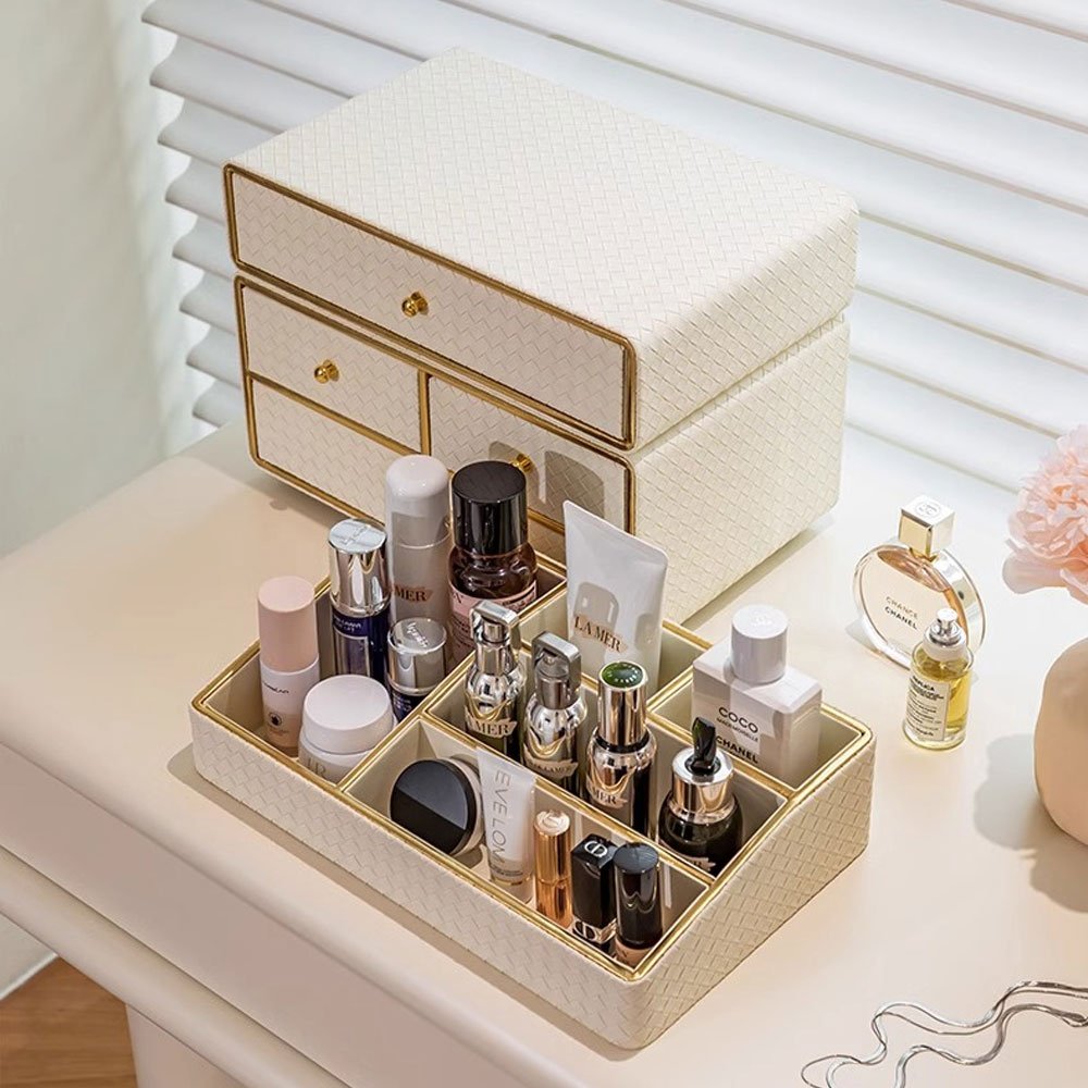 Luxurious Assembly Makeup Cosmetic Divided Storage Box Organizer with Drawer Leather Makeup Organiser For Dressing Table