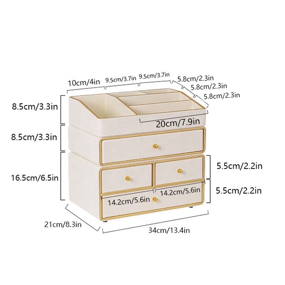 Luxurious Assembly Makeup Cosmetic Divided Storage Box Organizer with Drawer Leather Makeup Organiser For Dressing Table
