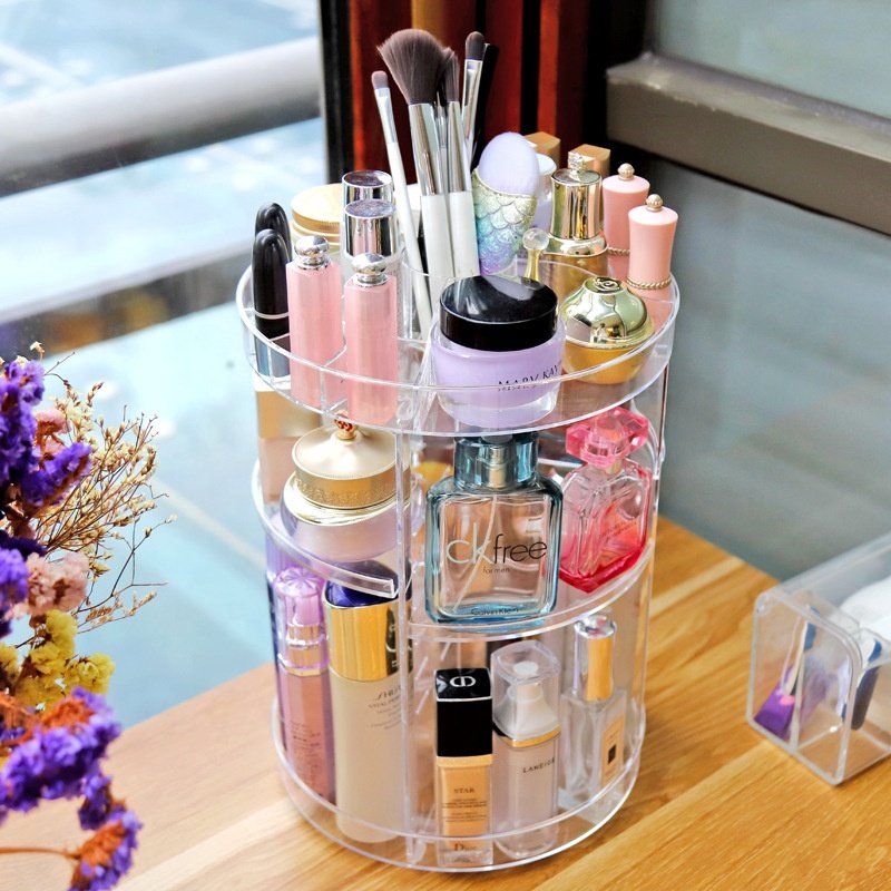 Transparent 360 Degree Rotating Adjustable Cosmetic Storage Display Case Clear Makeup Organizer