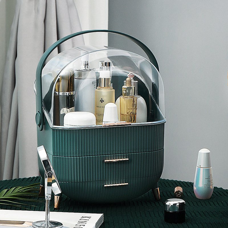 Makeup Organizer Dustproof Cosmetics Storage Display Box Case with Lids Fully Open and Drawers Portable Handle