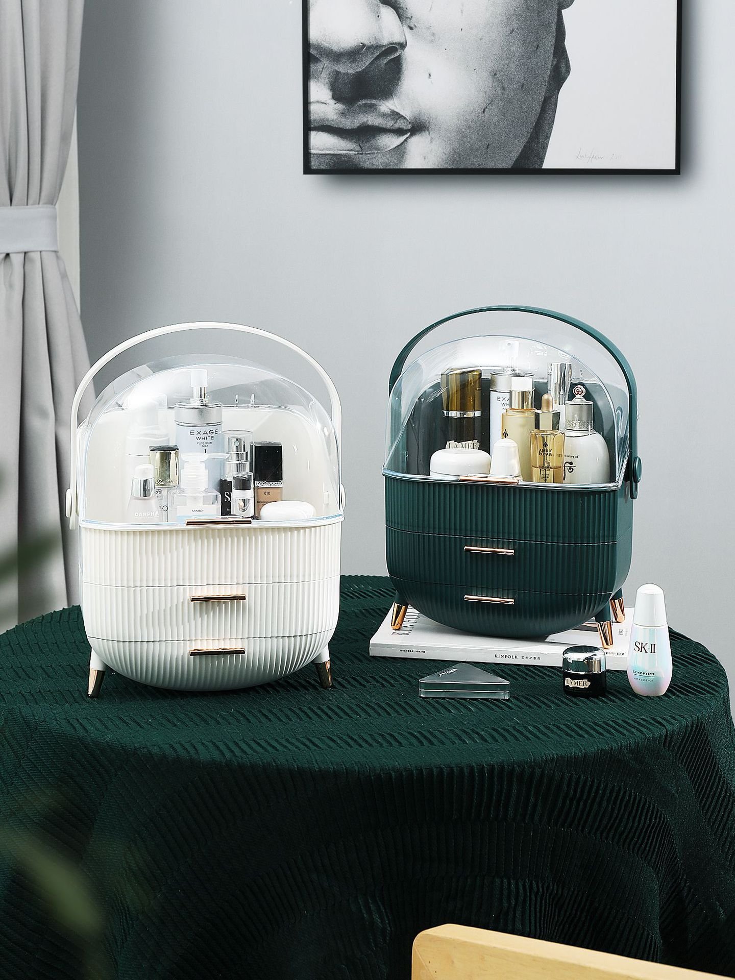 Makeup Organizer Dustproof Cosmetics Storage Display Box Case with Lids Fully Open and Drawers Portable Handle