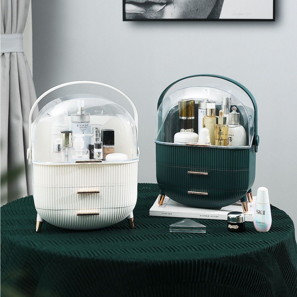 Makeup Organizer Dustproof Cosmetics Storage Display Box Case with Lids Fully Open and Drawers Portable Handle