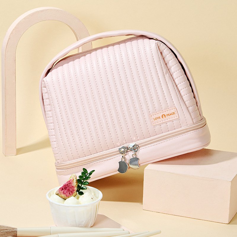 Custom Cream Toast Large Makeup Bag PU Leather Bathroom Makeup Brush Bag for Women Portable Cosmetic Purse