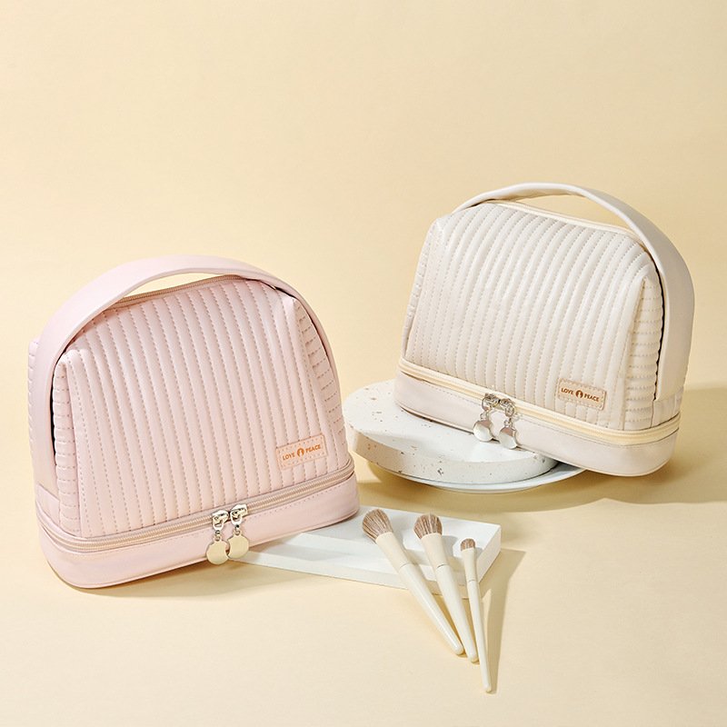 Custom Cream Toast Large Makeup Bag PU Leather Bathroom Makeup Brush Bag for Women Portable Cosmetic Purse