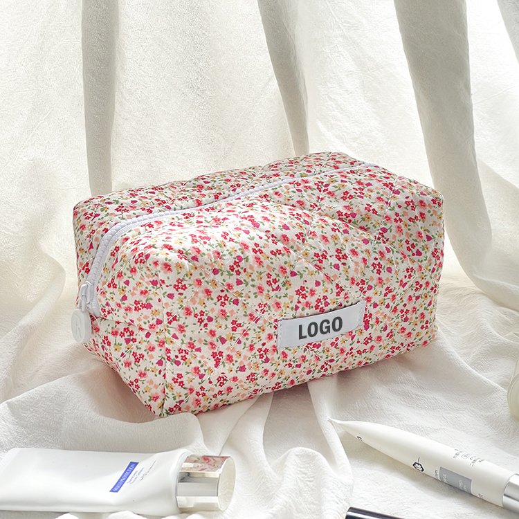 Eco Friendly Custom Floral Printed Cotton Quilted Padded Cosmetic Makeup Make Up Toiletry Travel Skincare Pouch Bag for Gift