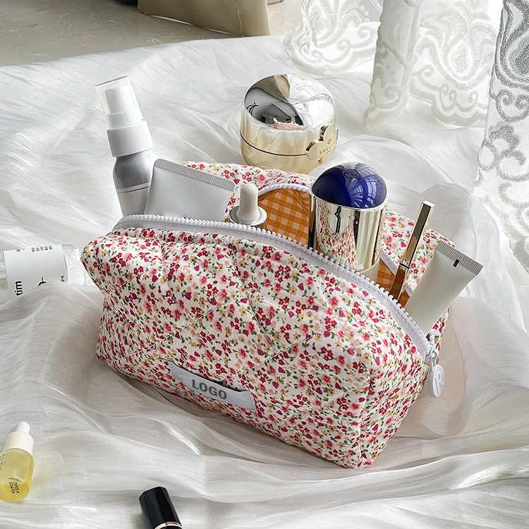 Eco Friendly Custom Floral Printed Cotton Quilted Padded Cosmetic Makeup Make Up Toiletry Travel Skincare Pouch Bag for Gift