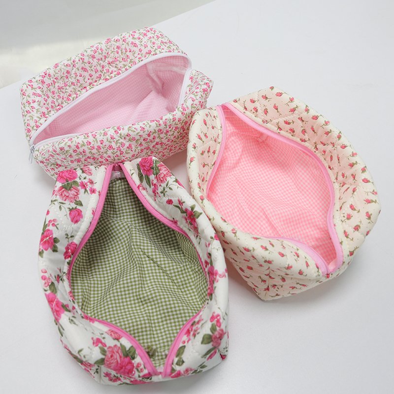Eco Friendly Custom Floral Printed Cotton Quilted Padded Cosmetic Makeup Make Up Toiletry Travel Skincare Pouch Bag for Gift