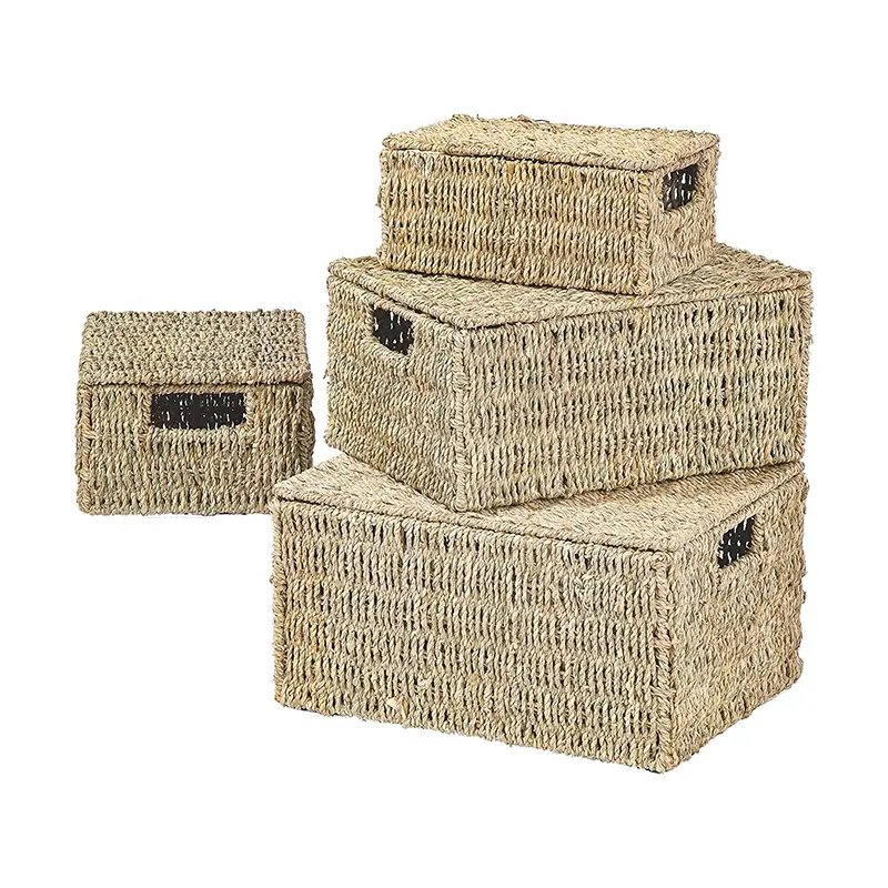 Hot sale Natural Eco-friendly Weave Picnic Plants Sea grass Storage Boxed and Bin Handmade Organized Baskets with Lid