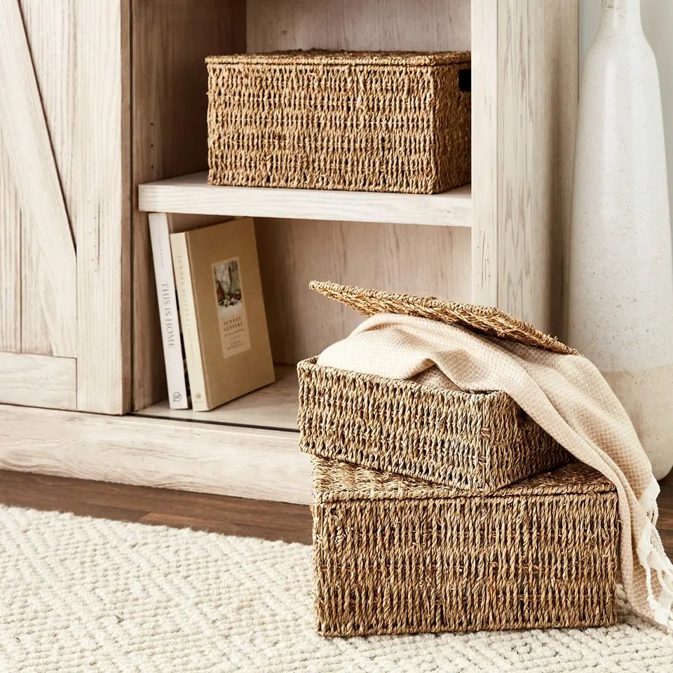 Hot sale Natural Eco-friendly Weave Picnic Plants Sea grass Storage Boxed and Bin Handmade Organized Baskets with Lid