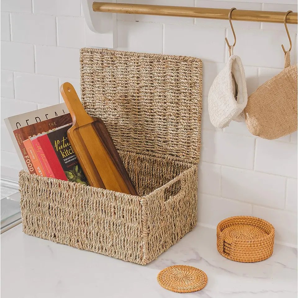 Hot sale Natural Eco-friendly Weave Picnic Plants Sea grass Storage Boxed and Bin Handmade Organized Baskets with Lid