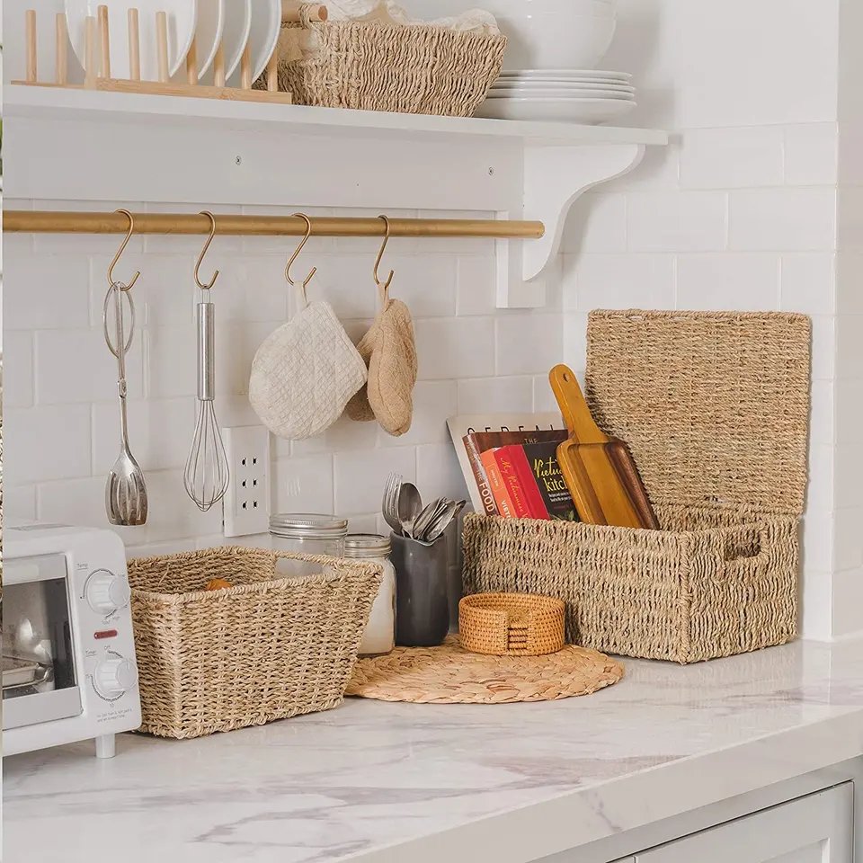 Hot sale Natural Eco-friendly Weave Picnic Plants Sea grass Storage Boxed and Bin Handmade Organized Baskets with Lid