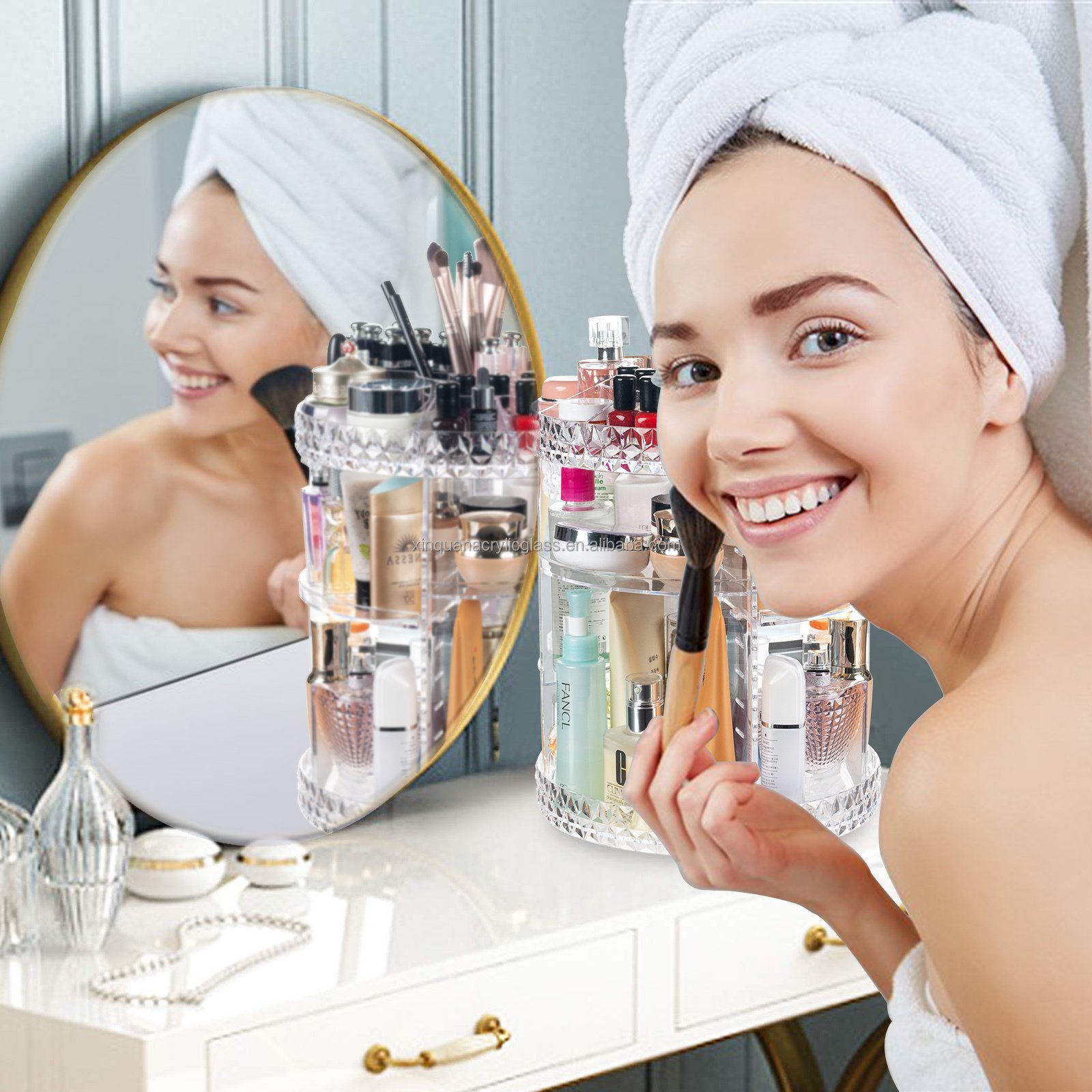 Customized Transparent Acrylic Cosmetic Storage Box 360 Rotating Makeup Organizer Cosmetic Storage Box