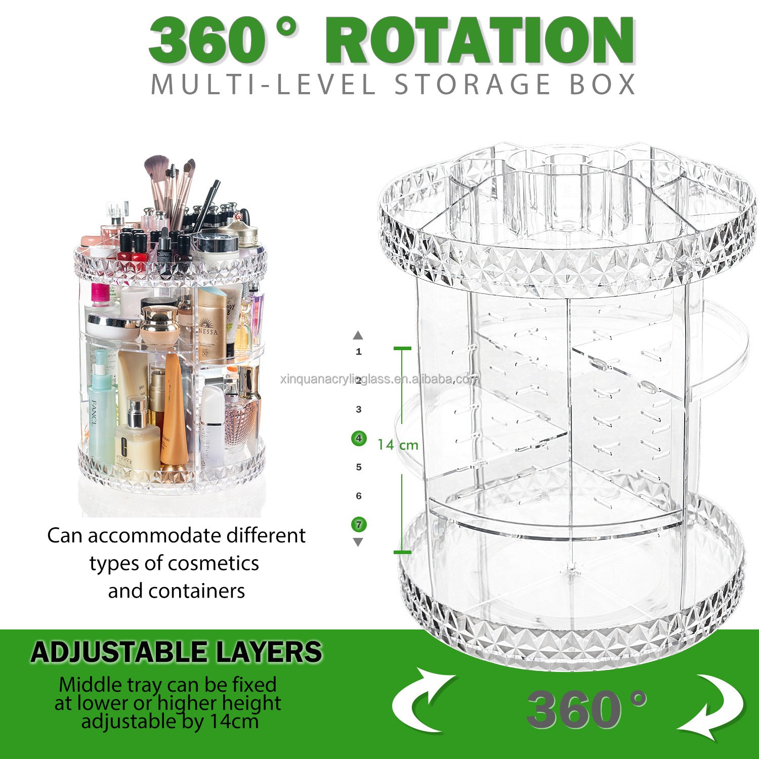 Customized Transparent Acrylic Cosmetic Storage Box 360 Rotating Makeup Organizer Cosmetic Storage Box