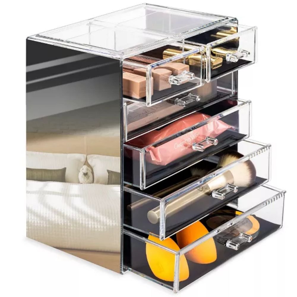 Modern Acrylic Makeup & Jewelry Organizer with Storage Case Foldable 4 Large 2 Small Drawers Mirrored