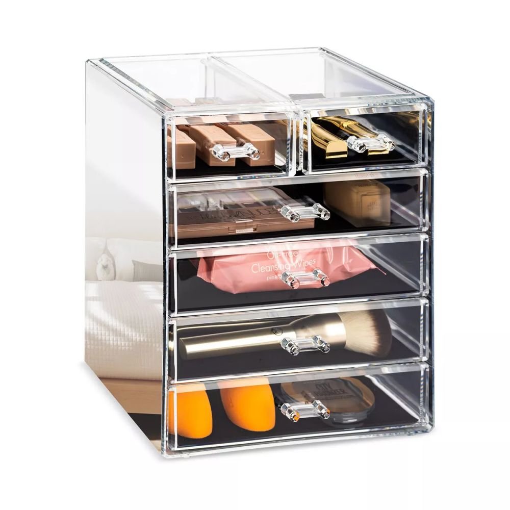 Modern Acrylic Makeup & Jewelry Organizer with Storage Case Foldable 4 Large 2 Small Drawers Mirrored