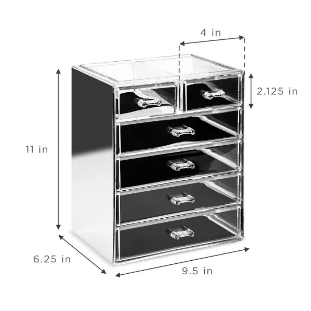 Modern Acrylic Makeup & Jewelry Organizer with Storage Case Foldable 4 Large 2 Small Drawers Mirrored