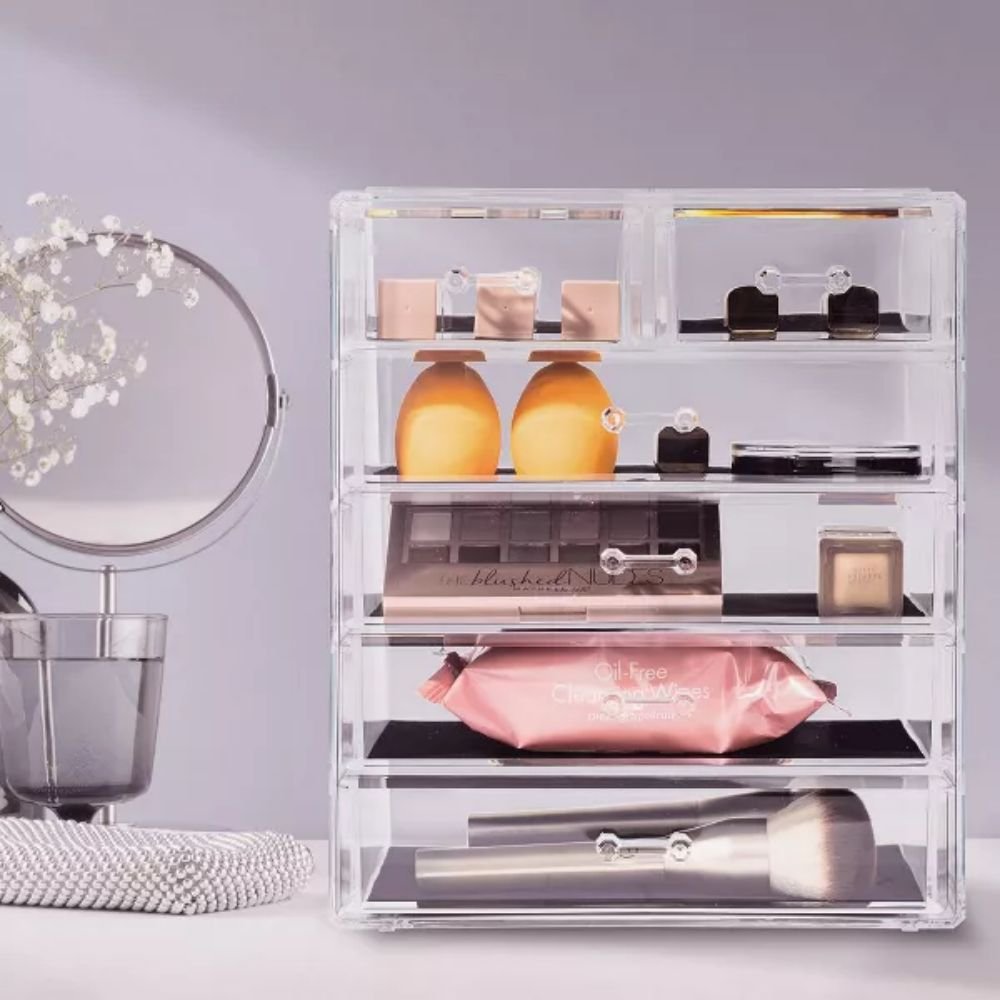 Modern Acrylic Makeup & Jewelry Organizer with Storage Case Foldable 4 Large 2 Small Drawers Mirrored