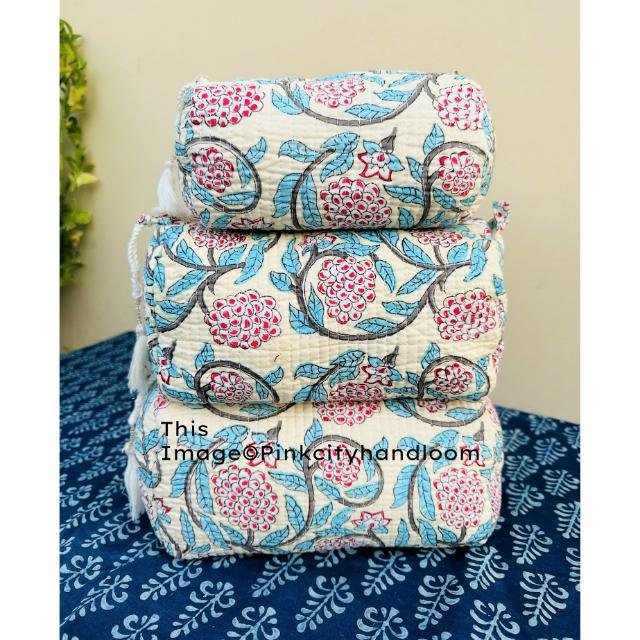 Makeup Accessories Travel Pouches Quilted Cosmetic Organizer Handmade Block Printed Toiletry pouch Cosmetic organizer