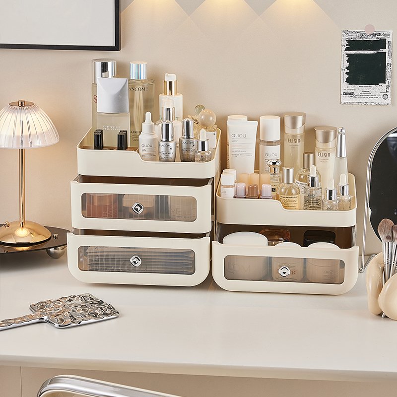 China Manufacturer Plastic Desktop Transparent Makeup Display Box Drawer Organizer Cosmetic Storage Box