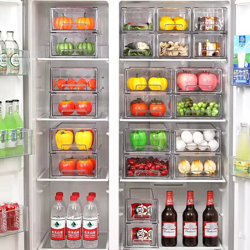 Multi-Purpose Clear Plastic Fridge Drawers Stackable Pull Refrigerator Organizer Bins Modern Food Storage Containers Kitchen