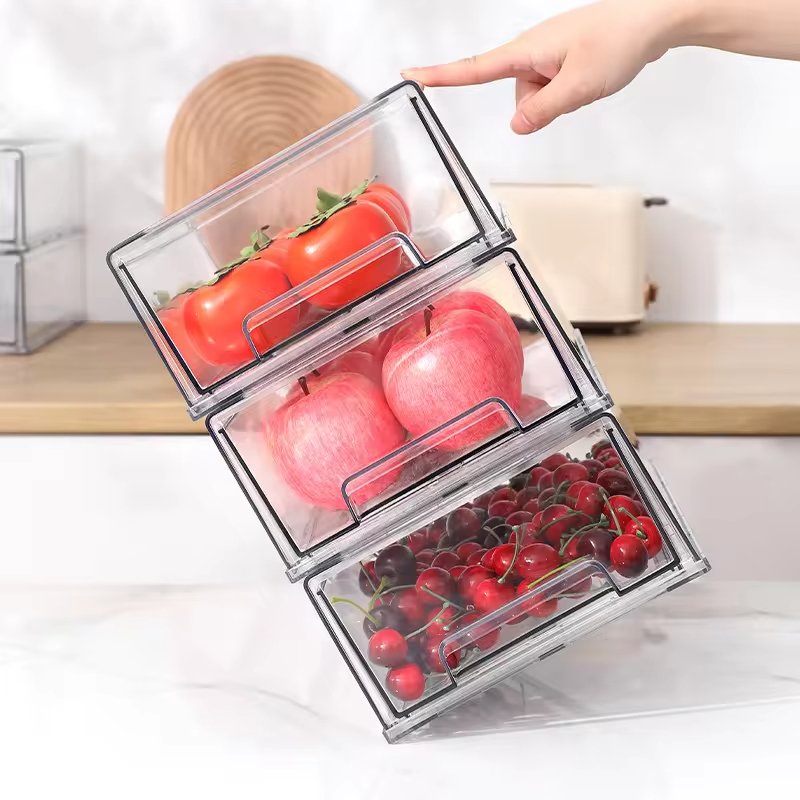 Multi-Purpose Clear Plastic Fridge Drawers Stackable Pull Refrigerator Organizer Bins Modern Food Storage Containers Kitchen