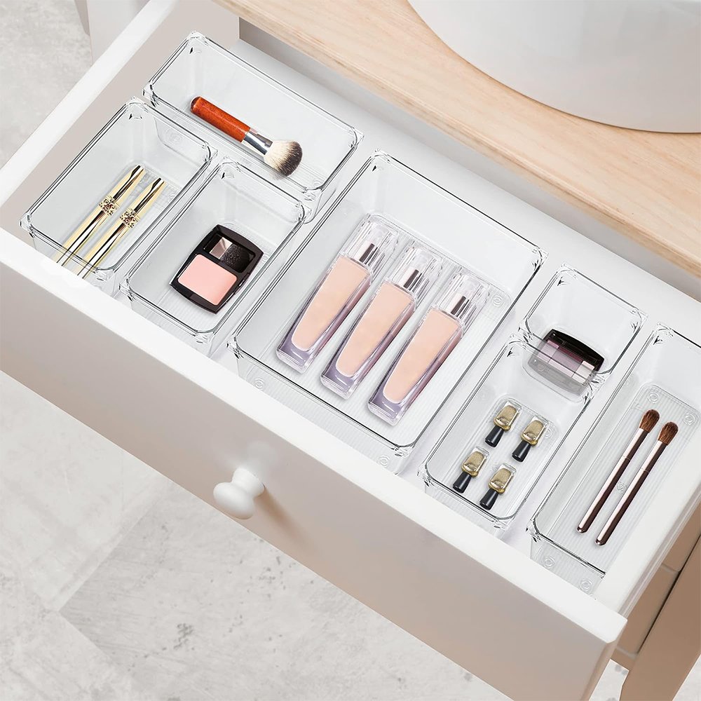 13pcs Stackable Drawer Organizer Set Multi-size Trays Eco-Friendly Multifunction Makeup Vanity Storage Bins Office Desk Drawer