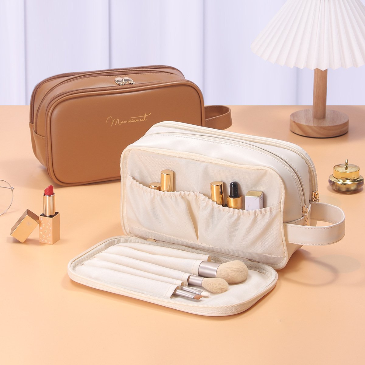 Capacity Portable High Appearance Level Makeup Bag Toiletry Bag Double Zip Women Large Size Makeup Organizers Zipper Bag Solid