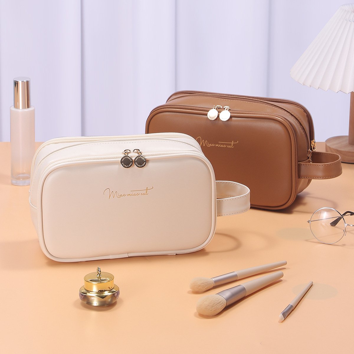 Capacity Portable High Appearance Level Makeup Bag Toiletry Bag Double Zip Women Large Size Makeup Organizers Zipper Bag Solid