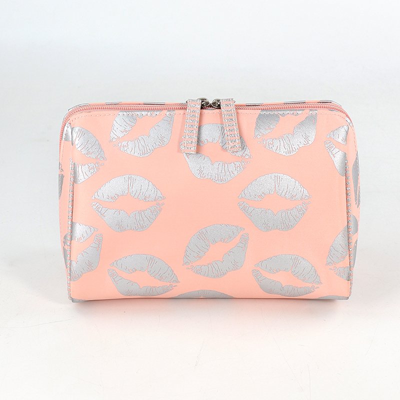 Custom design hot selling cute mouth pattern printed waterproof cosmetic organize pink nylon cosmetic bag