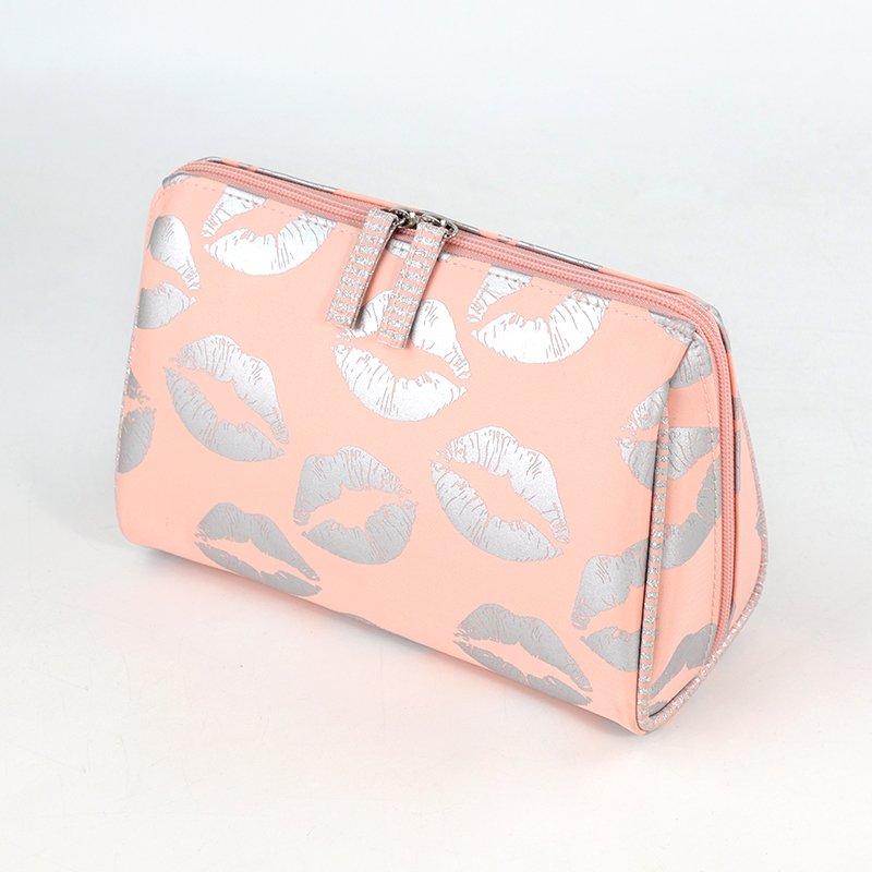 Custom design hot selling cute mouth pattern printed waterproof cosmetic organize pink nylon cosmetic bag