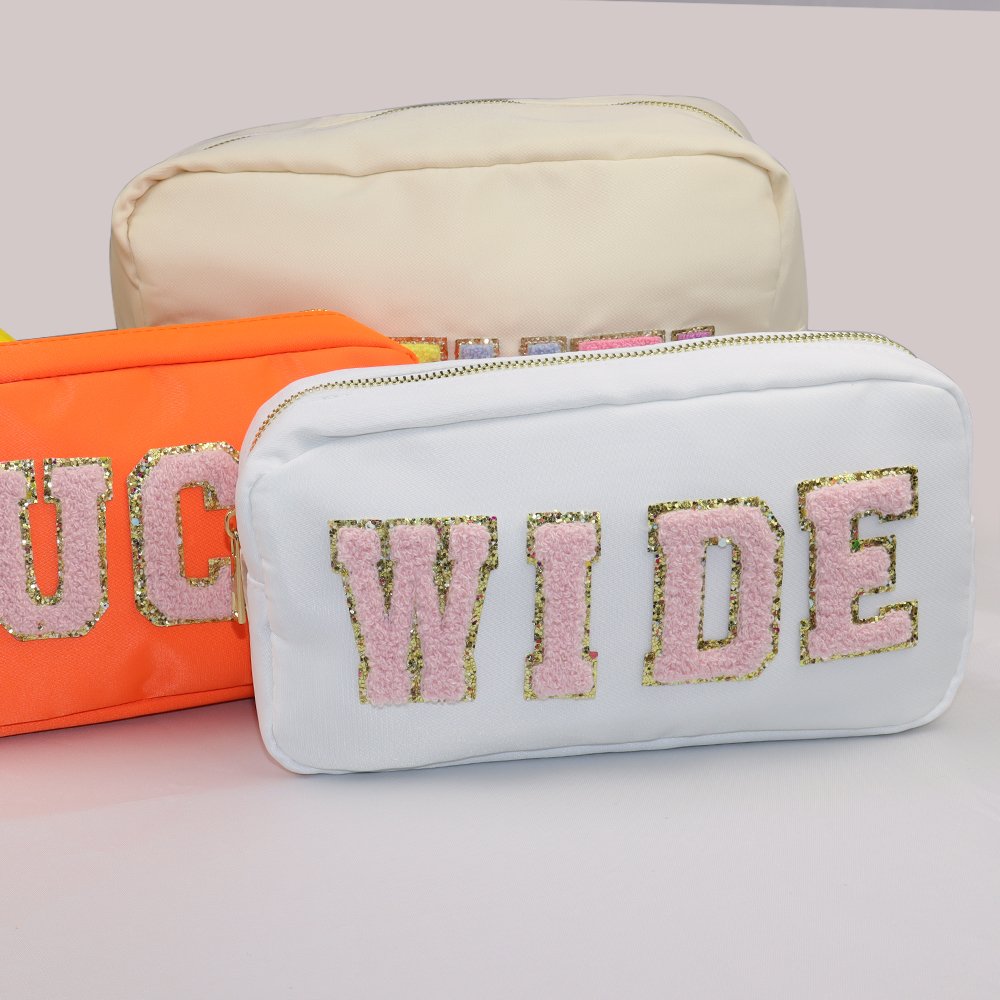 Keymay Cute Personalised Letter Patches Nylon Makeup Pouch Nylon Zipper Travel Fabric Toiletry Bag Cosmetic Bags Bridesmaid Gift
