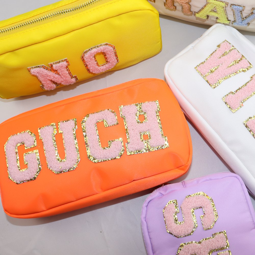 Keymay Cute Personalised Letter Patches Nylon Makeup Pouch Nylon Zipper Travel Fabric Toiletry Bag Cosmetic Bags Bridesmaid Gift