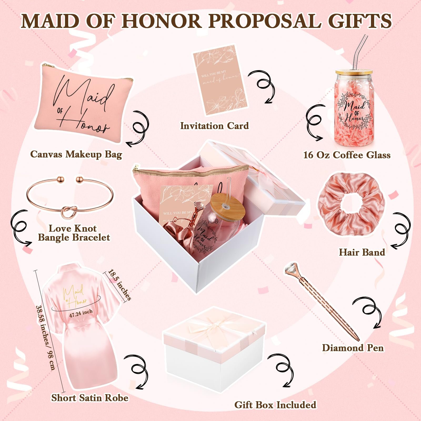 WIDEAL 8 Pcs Bride Gifts Set Robes Makeup Bag Cup Cards Hair Tie Bracelet Diamond Pen Bachelorette Bridal Shower Gift Box