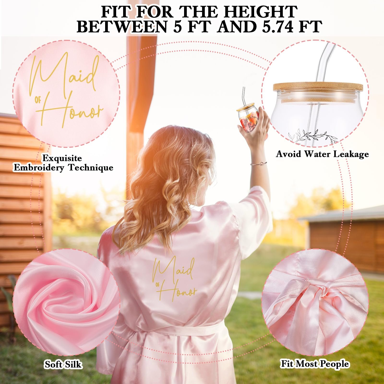 WIDEAL 8 Pcs Bride Gifts Set Robes Makeup Bag Cup Cards Hair Tie Bracelet Diamond Pen Bachelorette Bridal Shower Gift Box