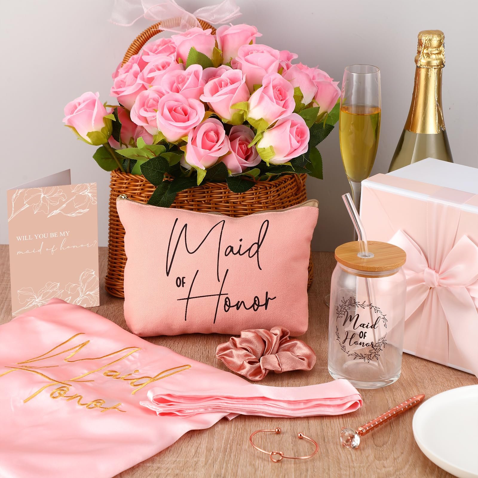 WIDEAL 8 Pcs Bride Gifts Set Robes Makeup Bag Cup Cards Hair Tie Bracelet Diamond Pen Bachelorette Bridal Shower Gift Box