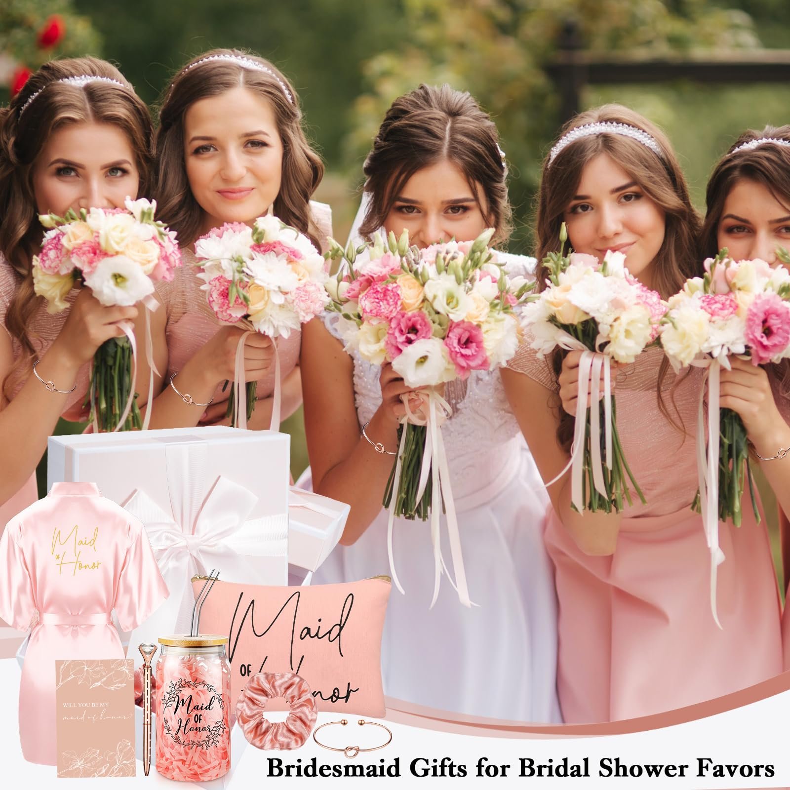 WIDEAL 8 Pcs Bride Gifts Set Robes Makeup Bag Cup Cards Hair Tie Bracelet Diamond Pen Bachelorette Bridal Shower Gift Box