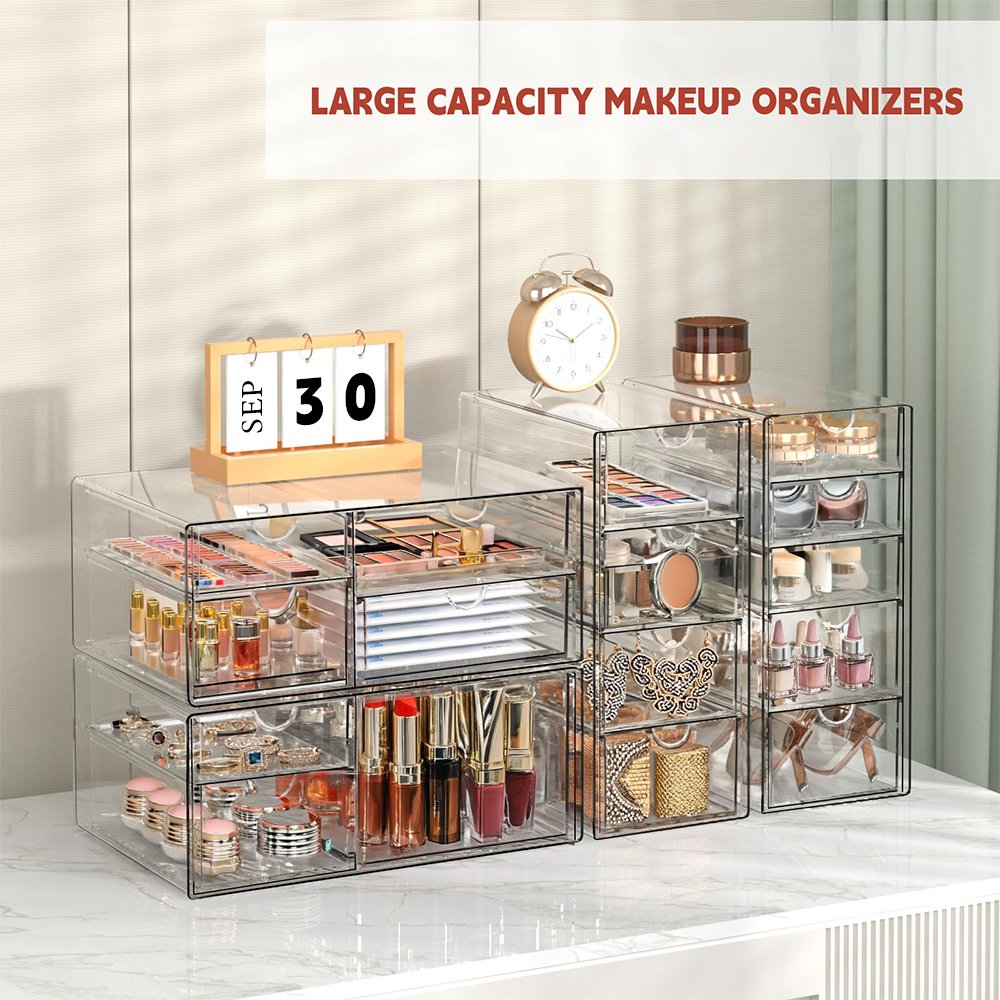 Clear 4 Parts 16 Drawer Desktop Drawer Organizer Custom Stackable Perspex Acrylic Desk Drawer Jewelry Box Organizer for Makeup
